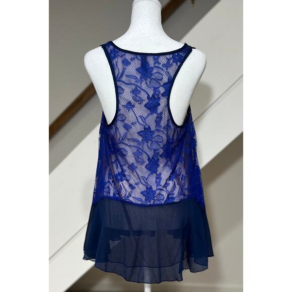 Free People Indigo Blue Chiffon Ruffle Hem Lace Sheer Swing Tank Top Small S - Picture 3 of 9